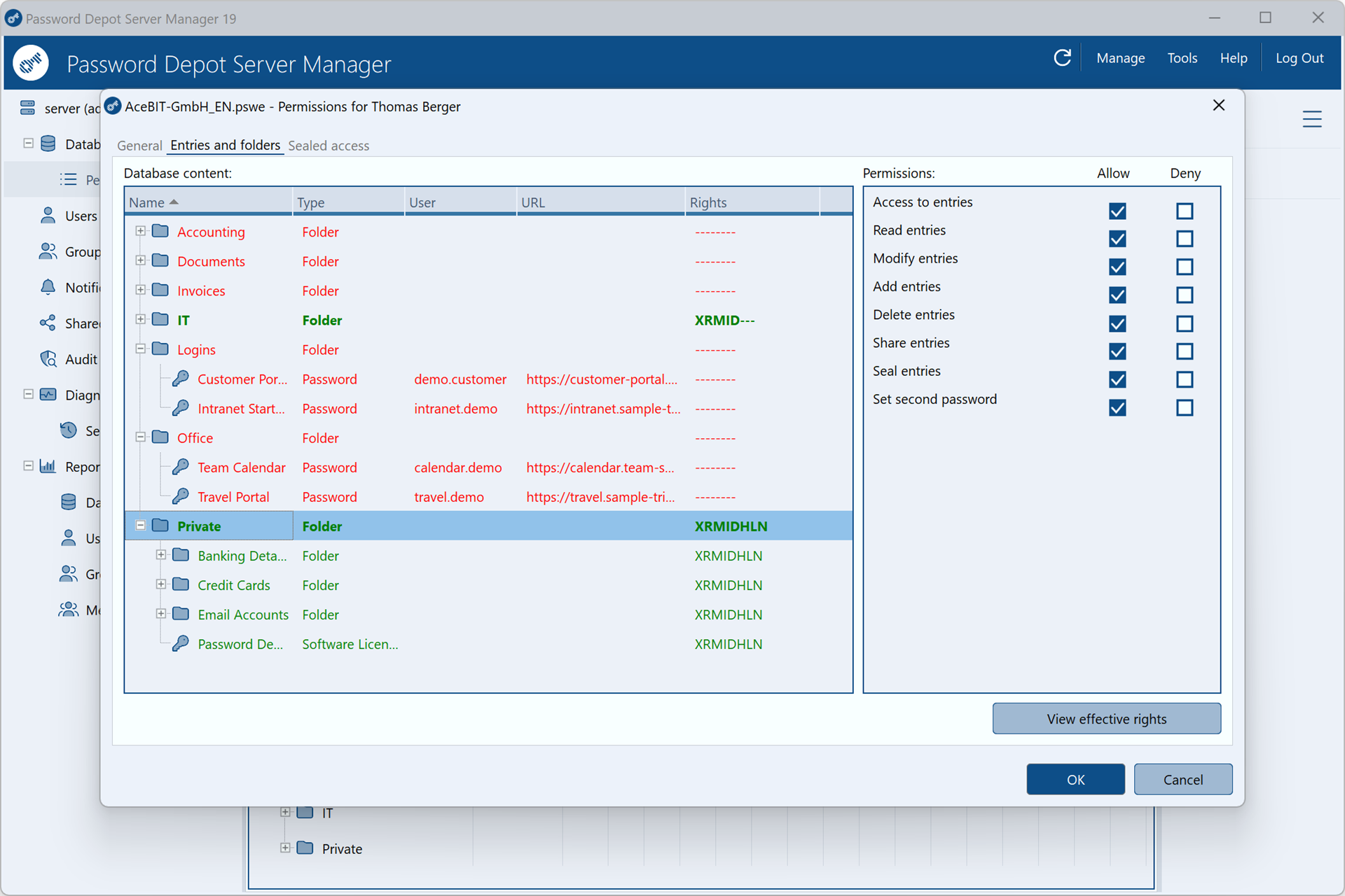 Screenshot di Password Depot Server Manager: finestra delle autorizzazioni con diritti granulari per utenti e gruppi a livello di database, cartella e voce.
