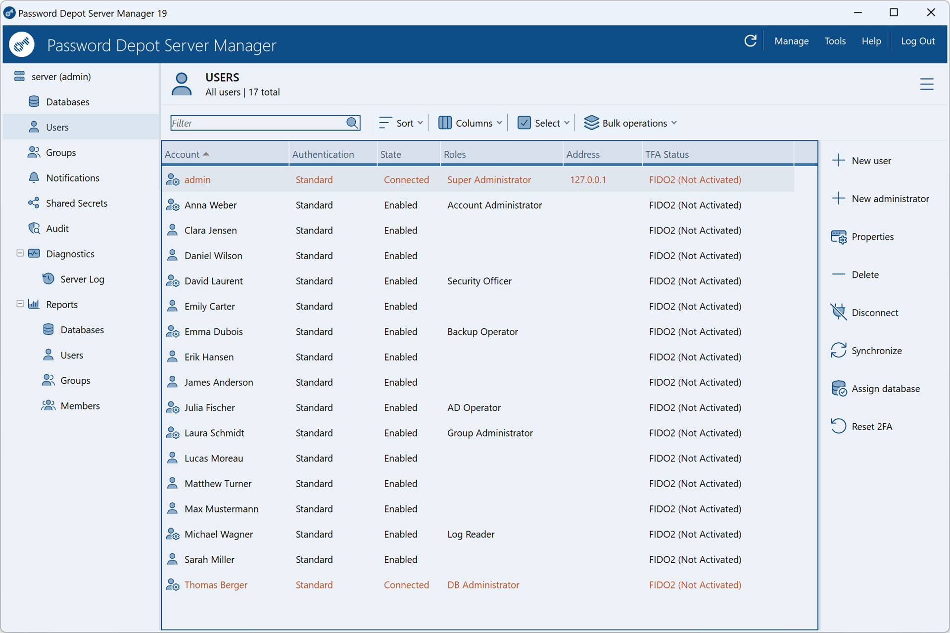 Screenshot of the Password Depot Server Manager: user management with user accounts, roles, and Active Directory synchronization.