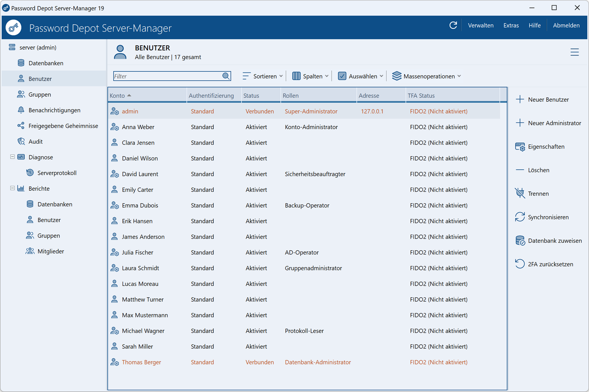 Screenshot des Password Depot Server Managers: Benutzerverwaltung mit Liste der Benutzerkonten, Rollen und Active-Directory-Synchronisation.