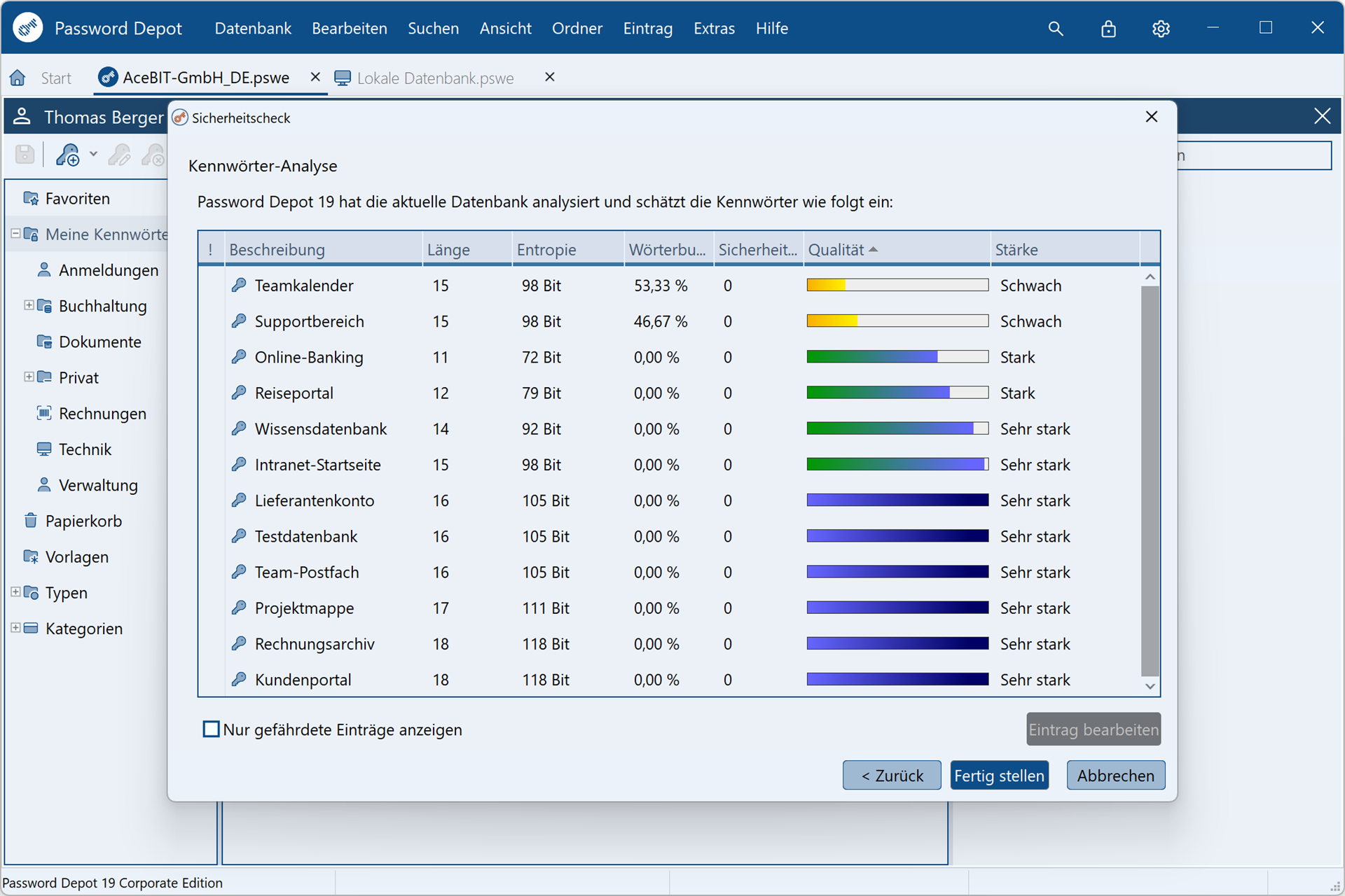 Screenshot des Windows-Clients von Password Depot: Passwort-Analyse mit Sicherheitsbewertung und Passwort-Generator mit einstellbarer Länge und Zeichensätzen.